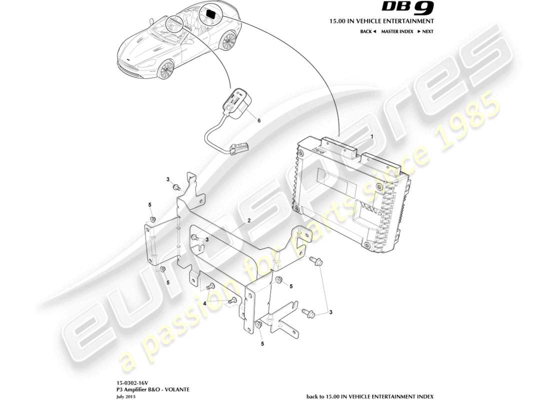 aston martin db9 (2014) p3 amplificatori, b&o, 16my, diagramma delle parti volante