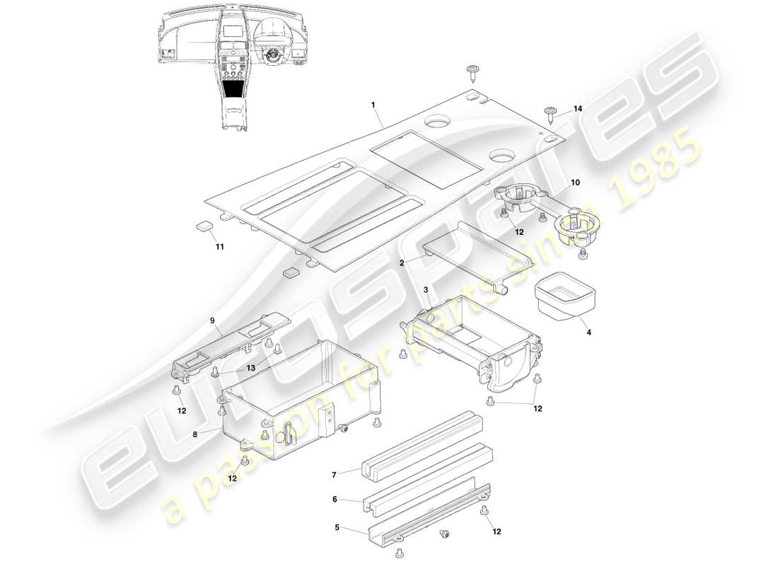 aston martin v8 vantage (2005) console anteriore, asm, diagramma delle parti 16my