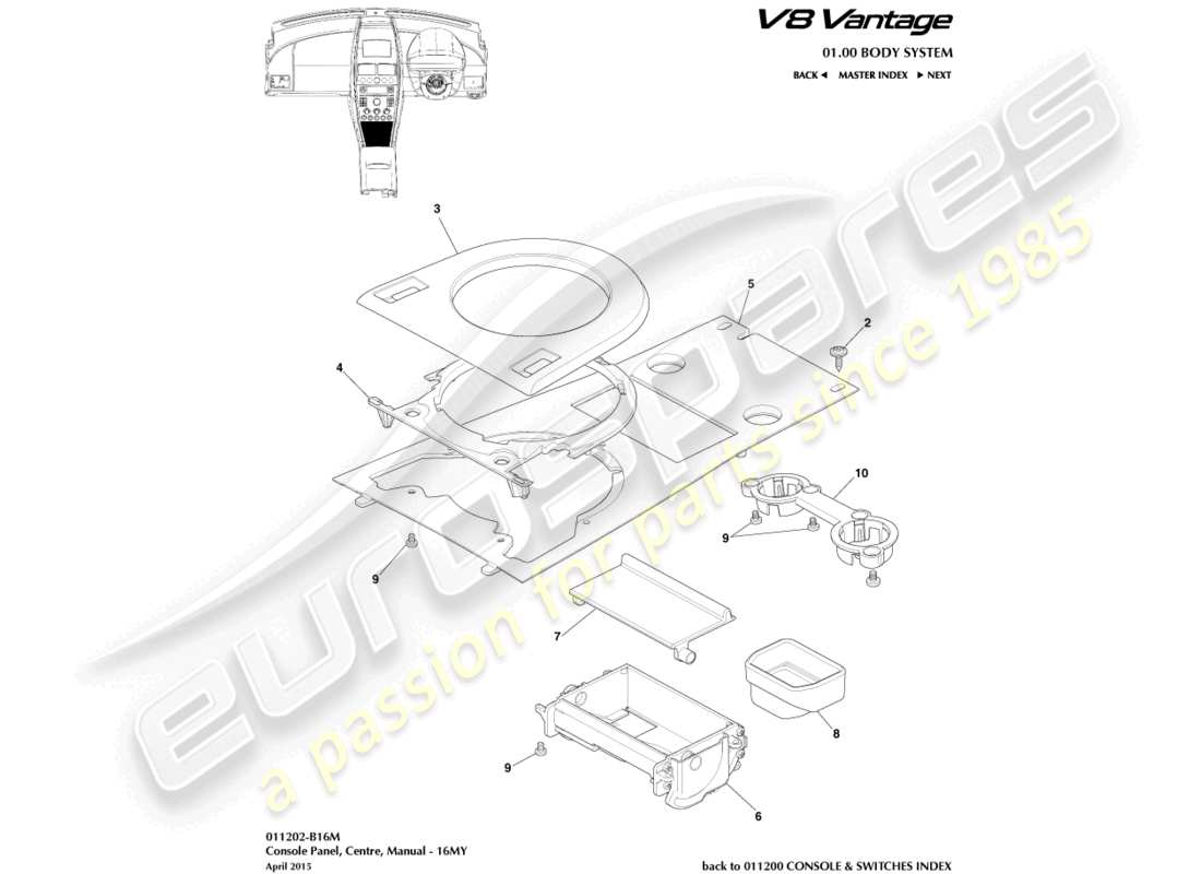 aston martin v8 vantage (2006) console anteriore, manuale, diagramma delle parti 16my