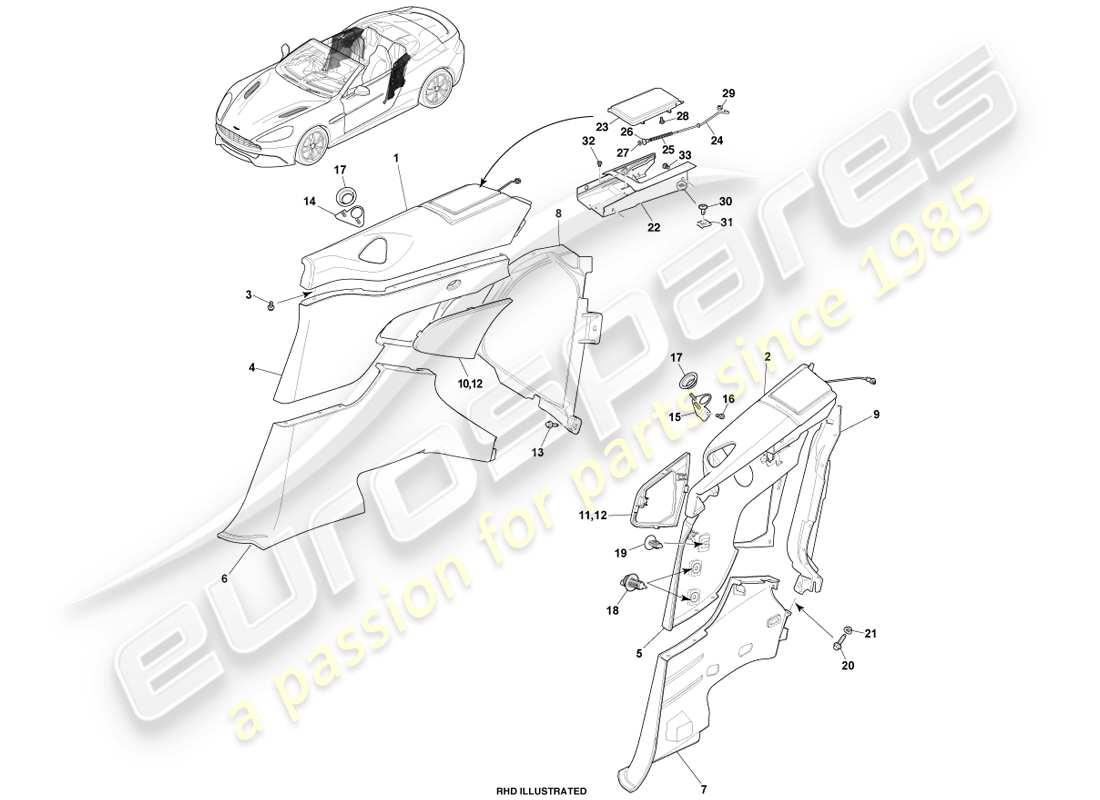 aston martin vanquish (2014) pannello di rivestimento del quarto posteriore, diagramma delle parti volante