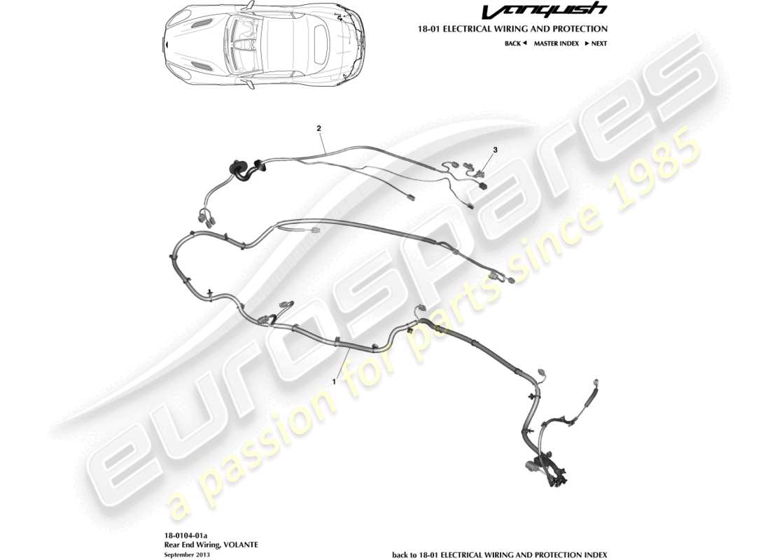 aston martin vanquish (2017) cablaggio dell'estremità posteriore, diagramma delle parti del volante