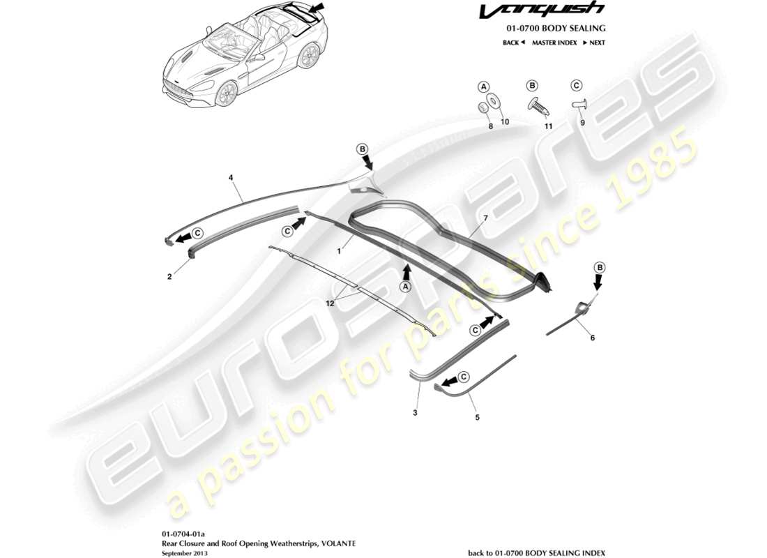 aston martin vanquish (2017) guarnizione di chiusura posteriore, diagramma delle parti volante