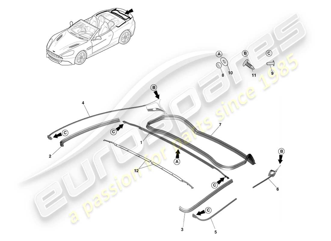 aston martin vanquish (2013) guarnizioni di chiusura posteriori, volante diagramma delle parti