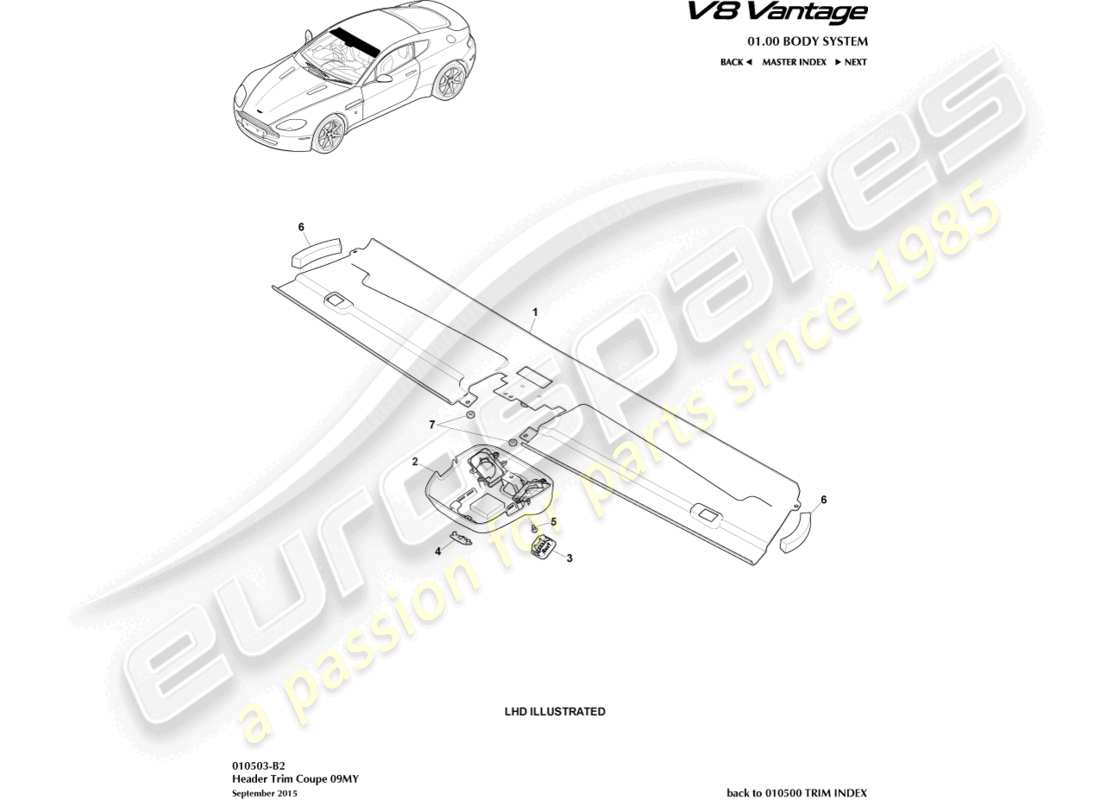 aston martin v8 vantage (2018) schema delle parti del rivestimento della testata, coupé 09my