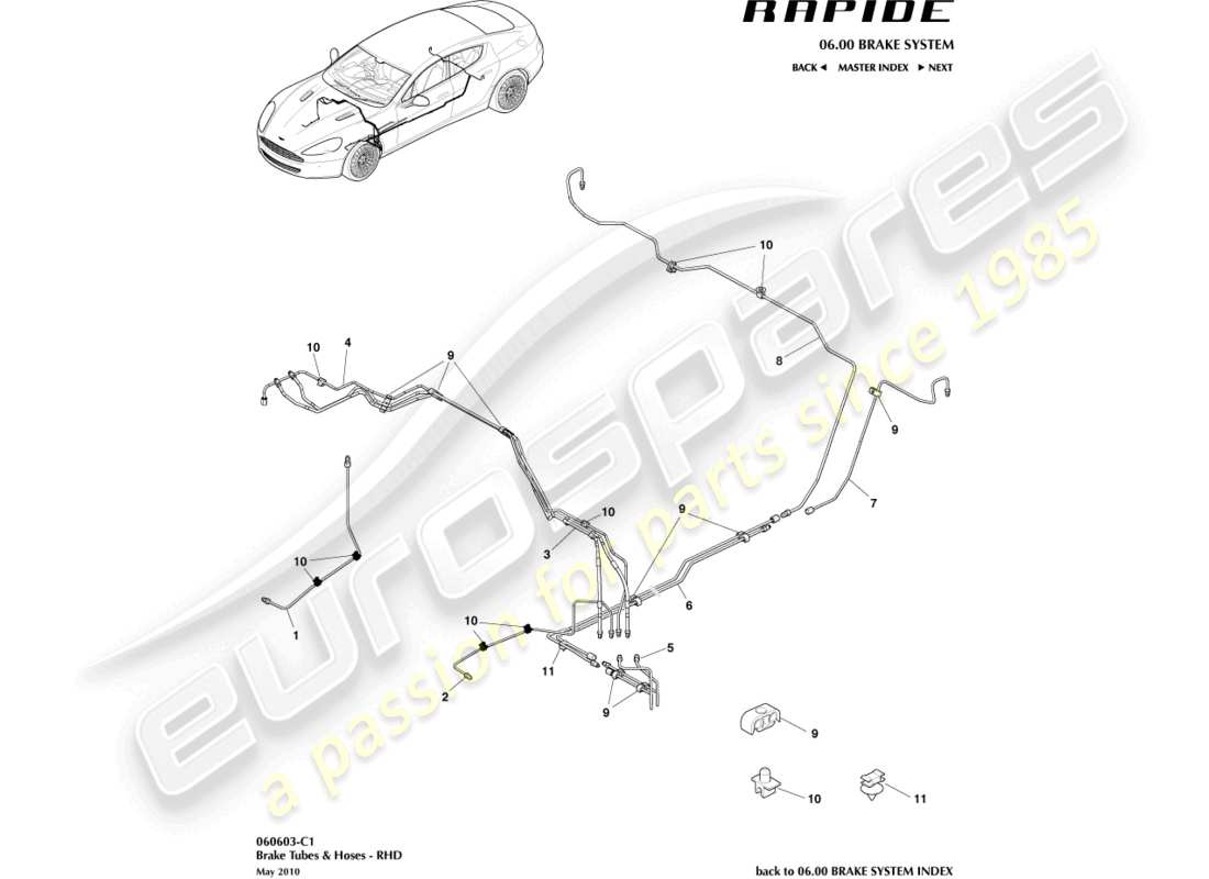 aston martin rapide (2012) diagramma delle parti di tubazioni e tubi flessibili dei freni, guida a destra
