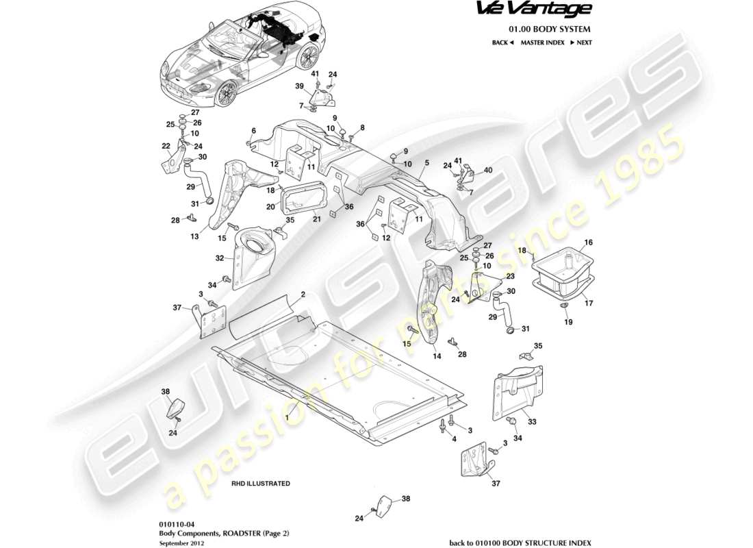 aston martin v12 vantage (2011) componenti della carrozzeria, diagramma delle parti della roadster