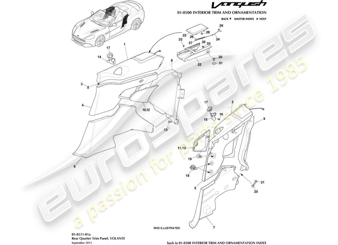 aston martin vanquish (2015) pannello di rivestimento del quarto posteriore, volante diagramma delle parti