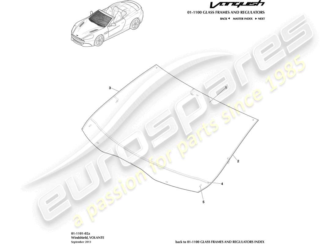 aston martin vanquish (2015) parabrezza, diagramma delle parti del volante