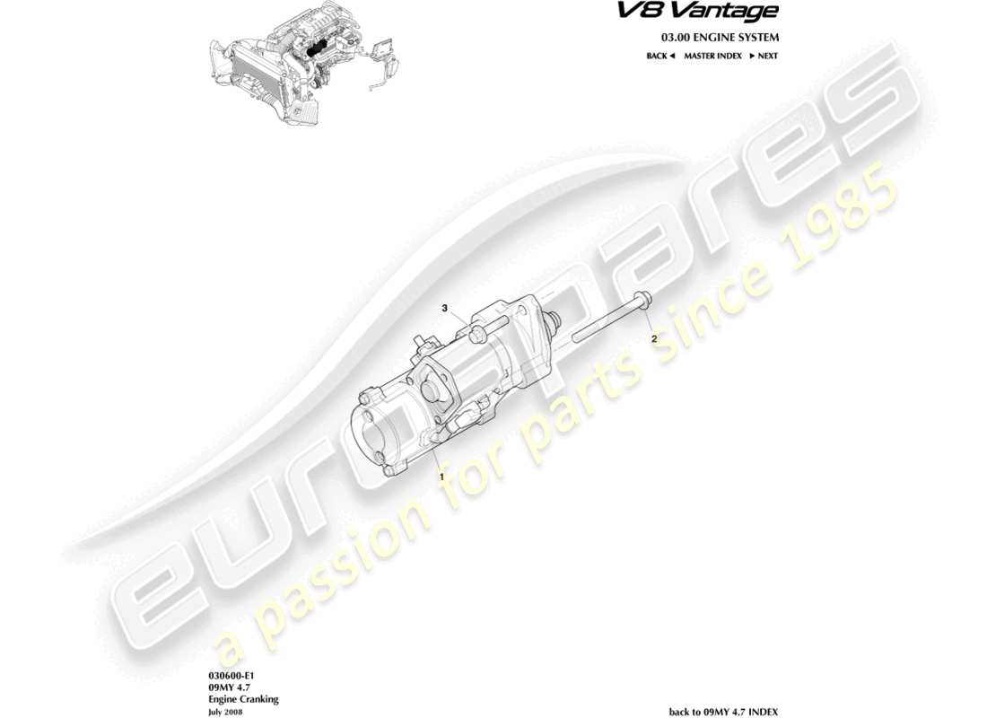 aston martin v8 vantage (2006) diagramma delle parti del motorino di avviamento