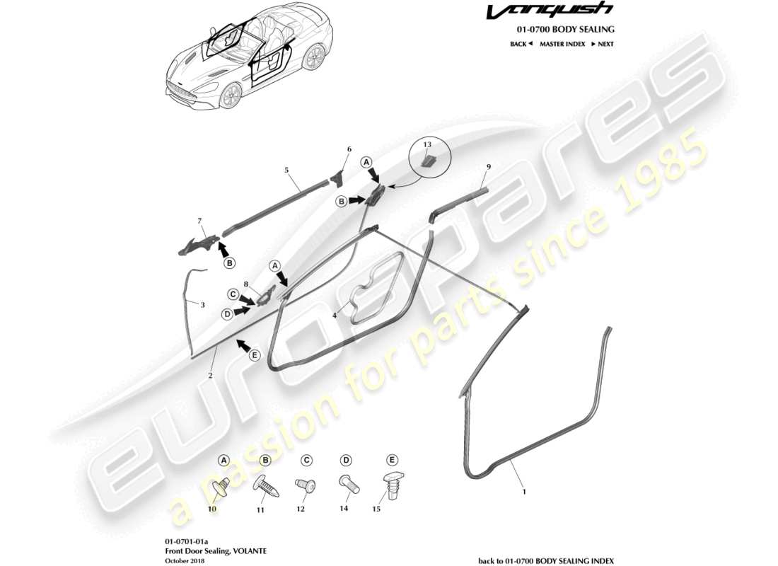 aston martin vanquish (2015) guarnizioni per porte, diagramma delle parti volante