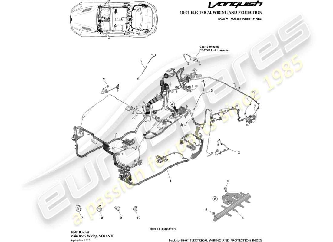 aston martin vanquish (2017) imbracatura per il corpo, diagramma delle parti del volante