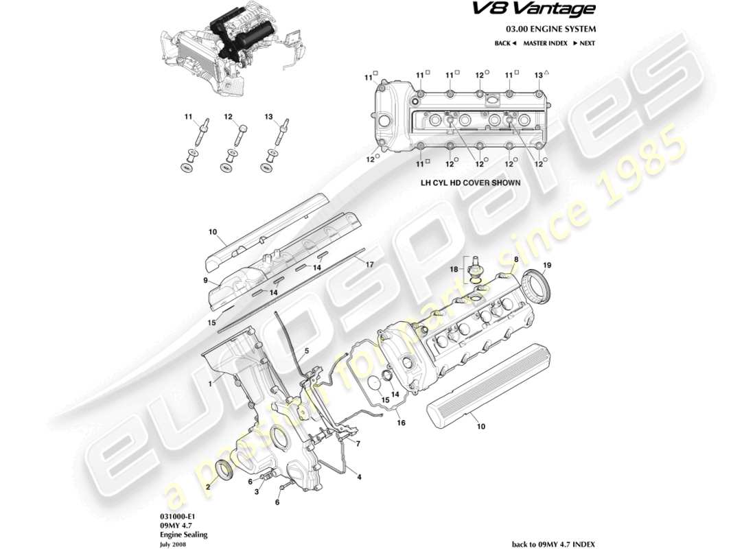 aston martin v8 vantage (2014) diagramma delle parti di tenuta del motore