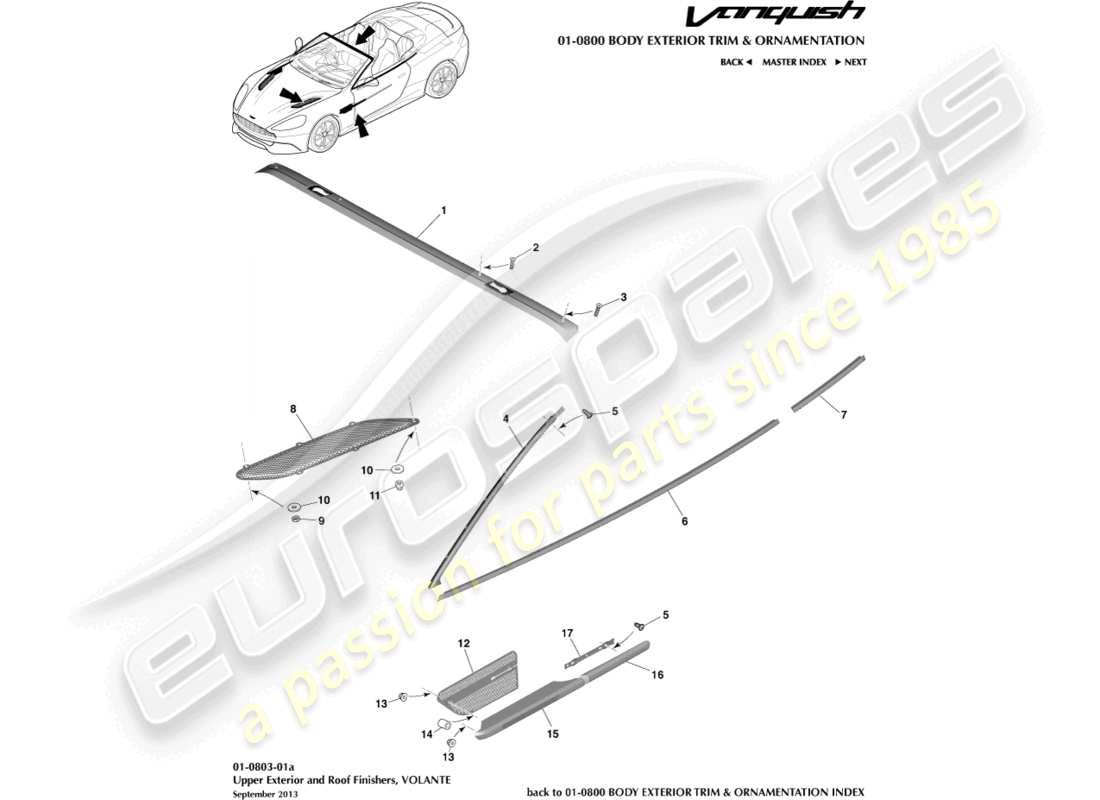 aston martin vanquish (2017) finiture esterne superiori, volante diagramma delle parti