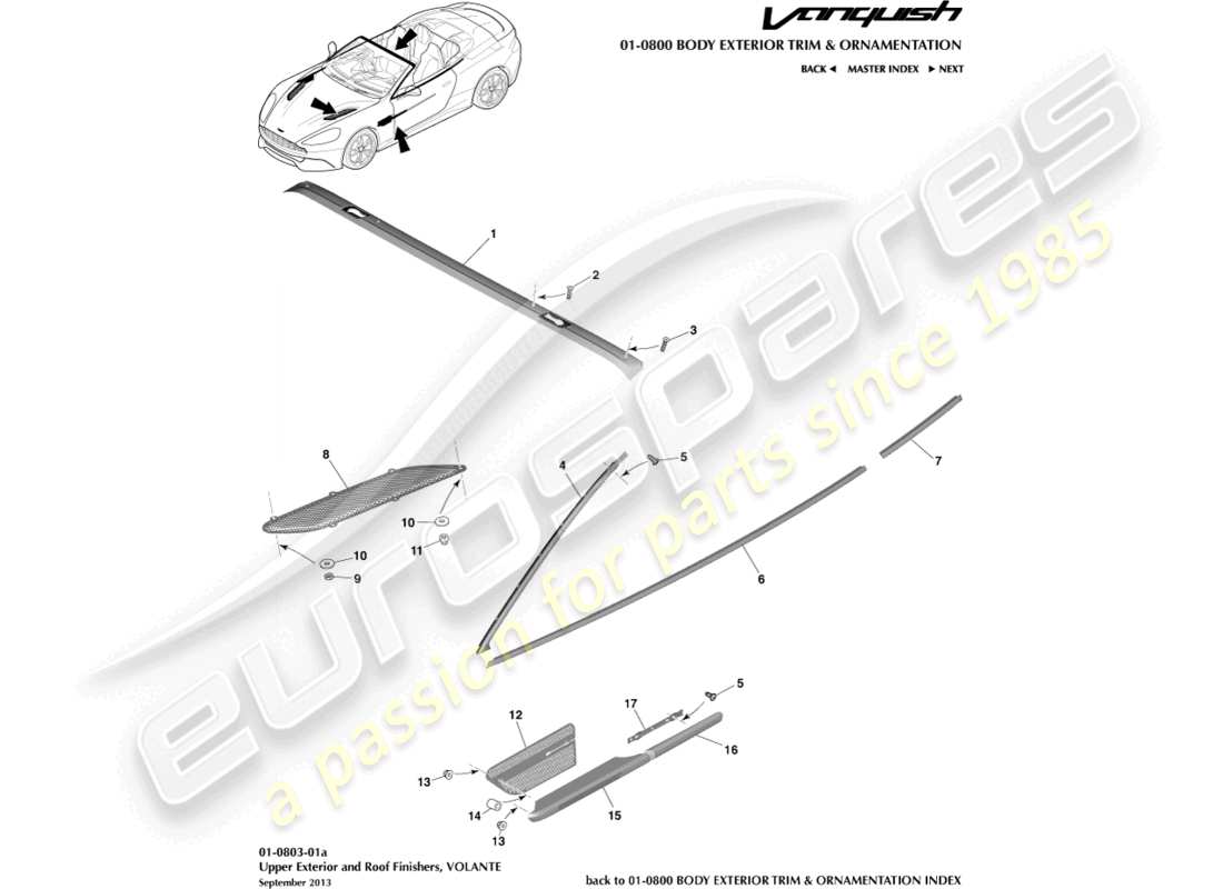 aston martin vanquish (2017) finiture esterne superiori, diagramma delle parti volante