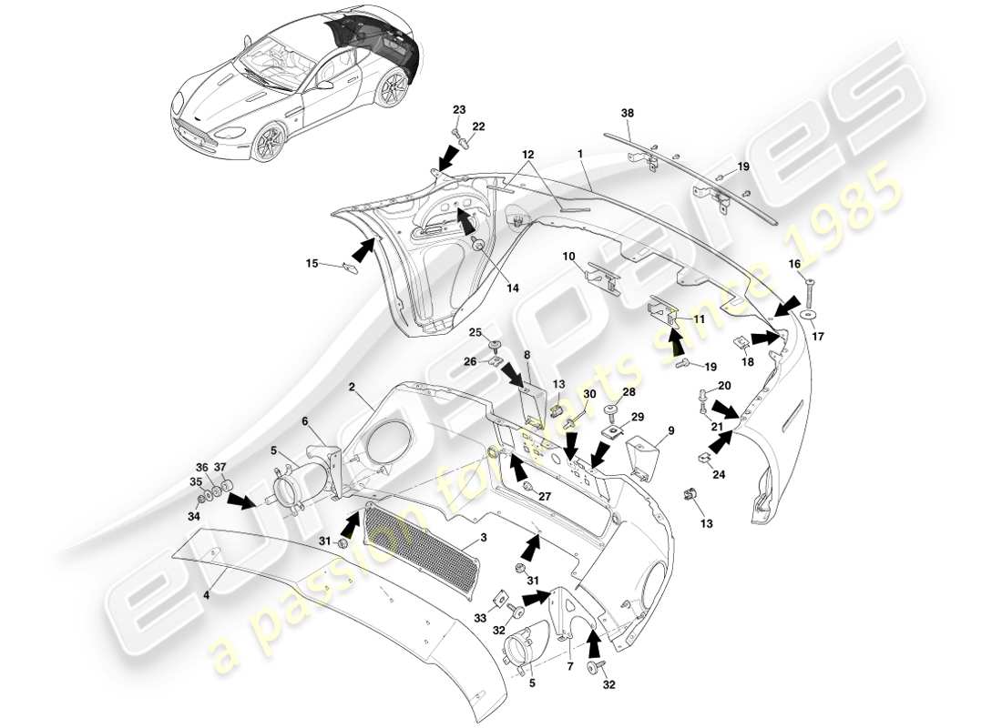 aston martin v8 vantage (2005) paraurti posteriore, 12.25my acceso e v8s diagramma delle parti