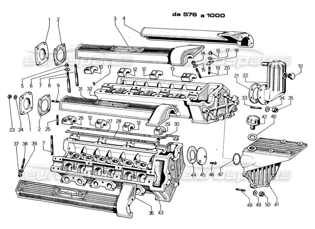 LAMBORGHINI ESPADA DIAGRAMMA DELLE PARTI DELLE TESTE DEI CILINDRI (DA 576 A 1000). lamborghini espada diagramma delle parti delle teste dei cilindri (da 576 a 1000).