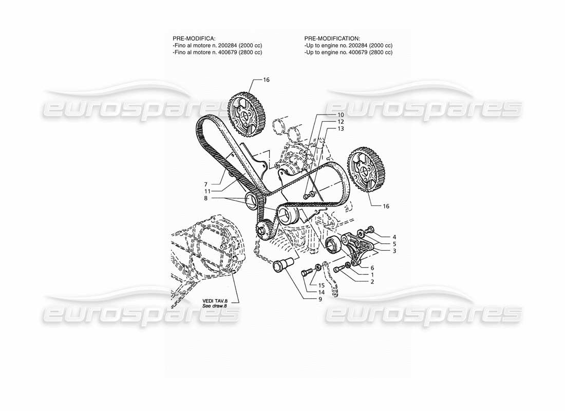 maserati qtp. 3.2 v8 (1999) diagramma delle parti del controllo del temporizzazione (pre-modifica).