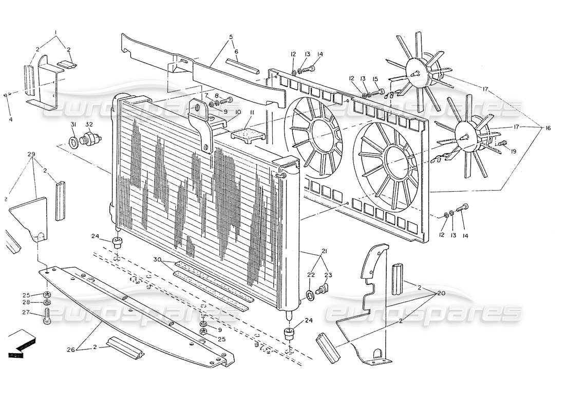 maserati ghibli 2.8 (non abs) diagramma delle parti del radiatore e delle ventole di raffreddamento