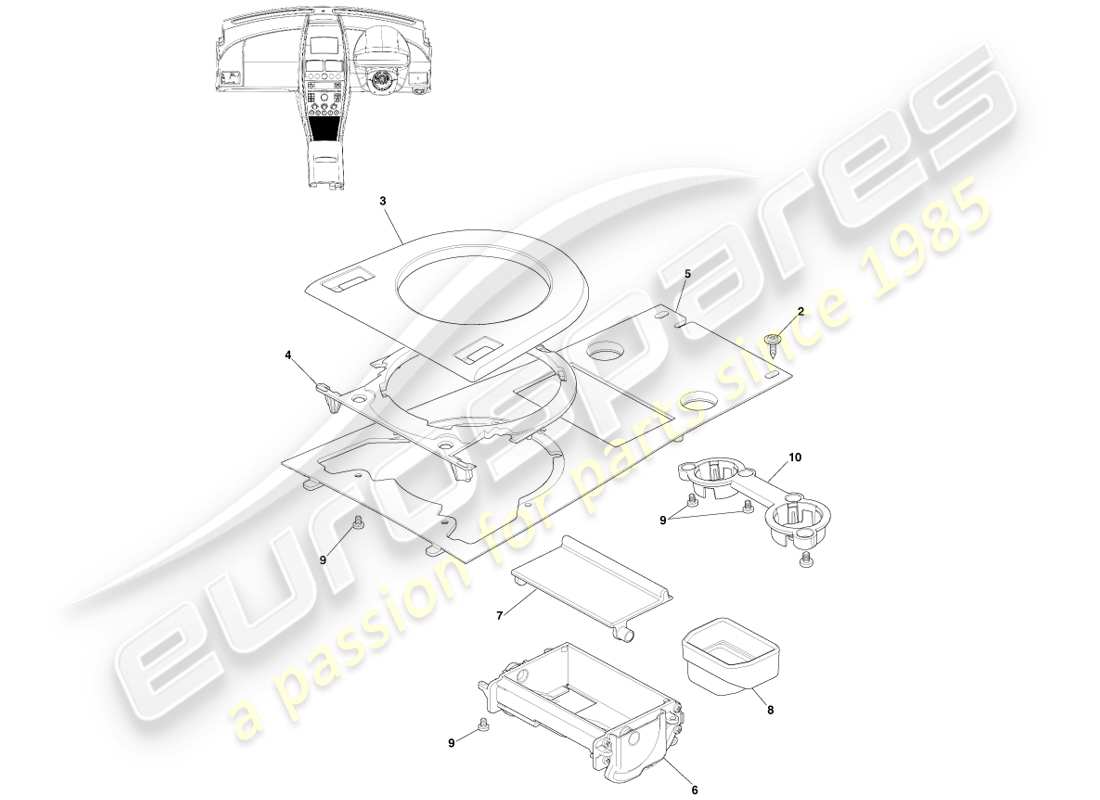 aston martin v8 vantage (2007) console anteriore, manuale, diagramma delle parti 16my