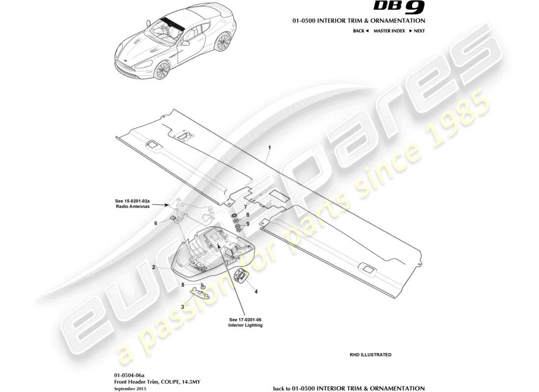 aston martin db9 (2016) vordere kopfverkleidung, coupé, 14.5my teilediagramm