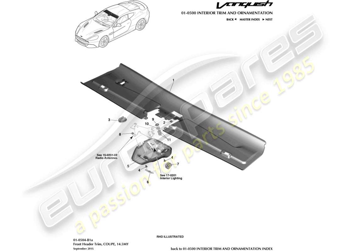 aston martin vanquish (2017) rivestimento della testata anteriore, coupé 14.5my diagramma delle parti
