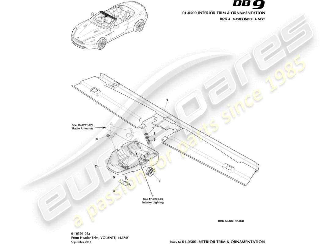 aston martin db9 (2015) bordo della testata anteriore, volante, 14.5my diagramma delle parti