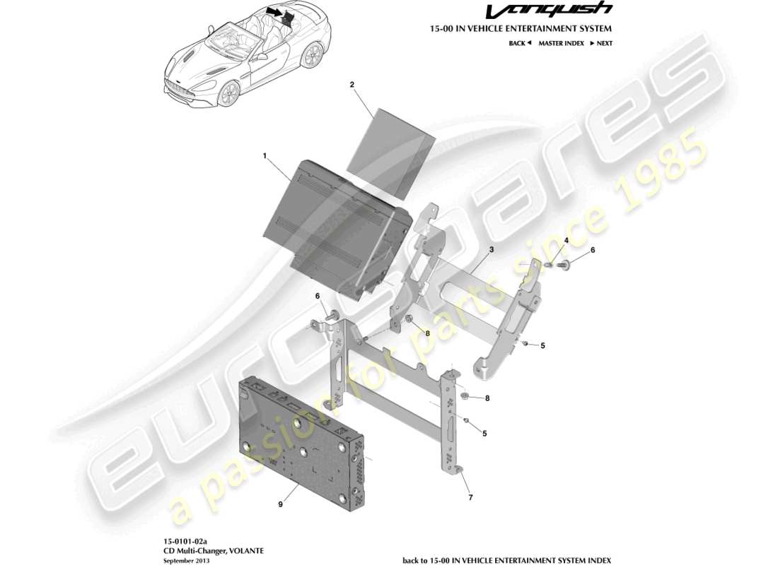 aston martin vanquish (2015) multilettore cd, volante diagramma delle parti