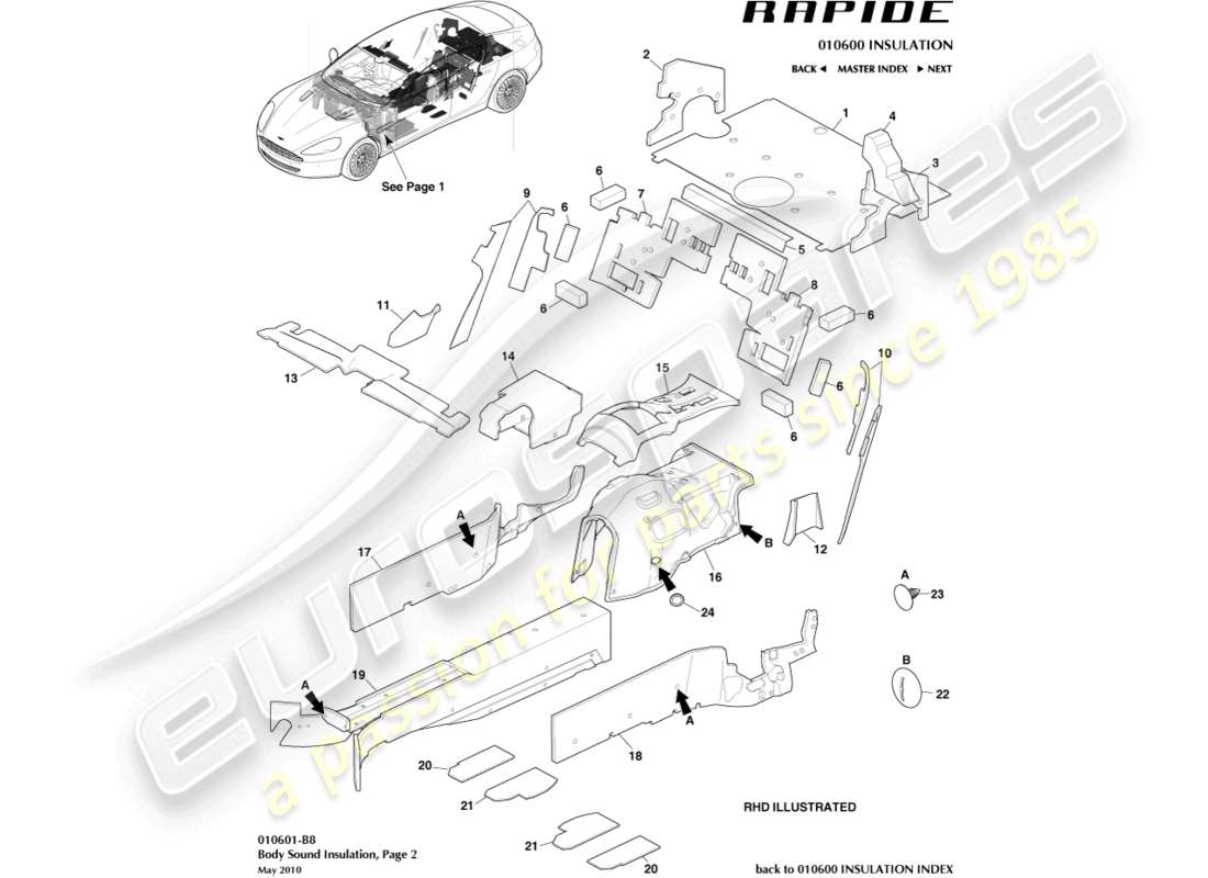 aston martin rapide (2014) geräuschdämmung hinten teilediagramm