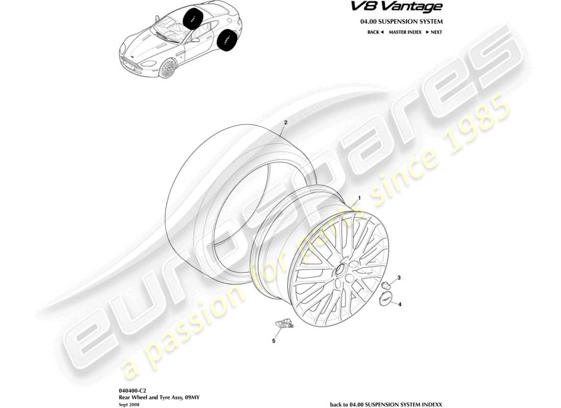 aston martin v8 vantage (2006) ruote e pneumatici posteriori, diagramma delle parti da 09my a 12.25my