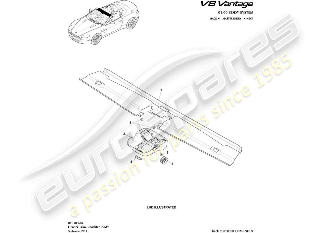 aston martin v8 vantage (2006) rivestimento della testata, diagramma delle parti roadster 09my