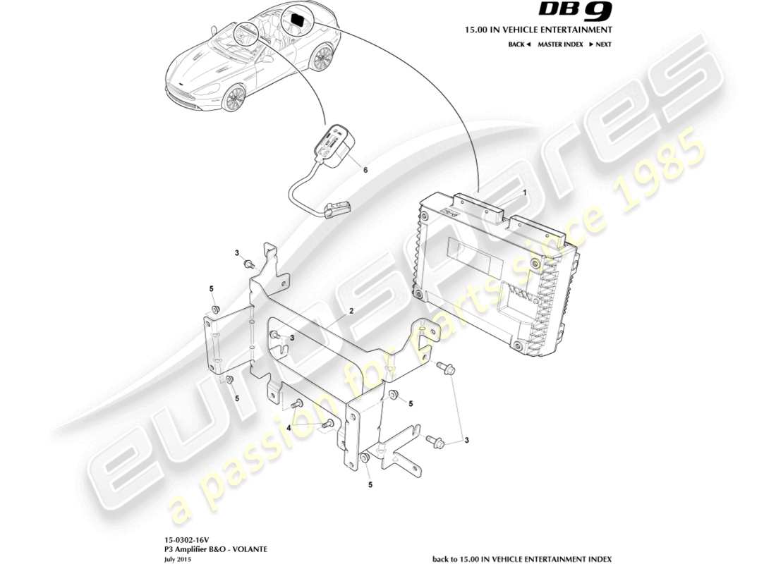 aston martin db9 (2013) p3 amplificatori, b&o, 16my, diagramma delle parti volante