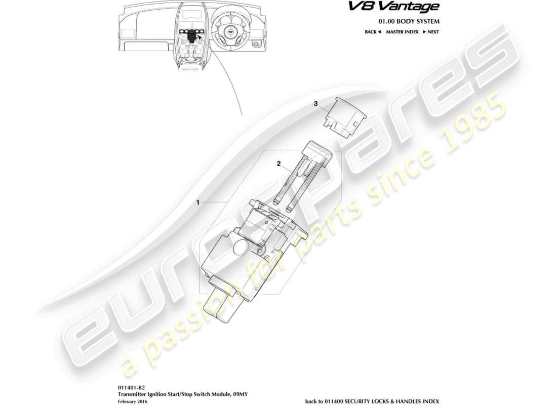aston martin v8 vantage (2006) modulo di avvio/arresto, diagramma delle parti 09my