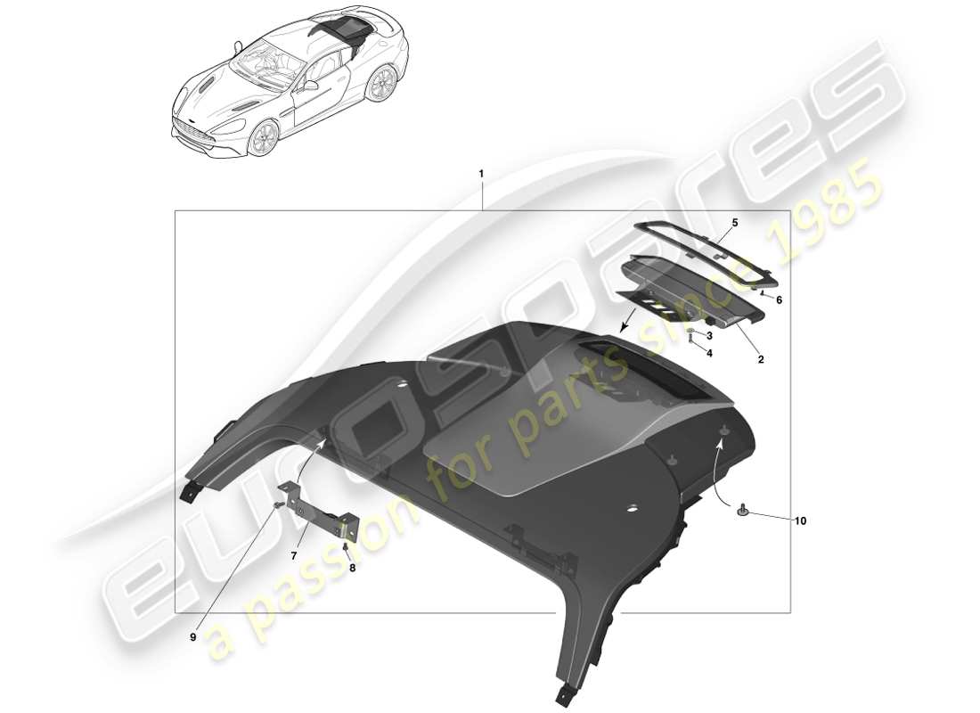 aston martin vanquish (2014) pannello di rivestimento del ripiano portaoggetti, diagramma delle parti del coupé 2+0