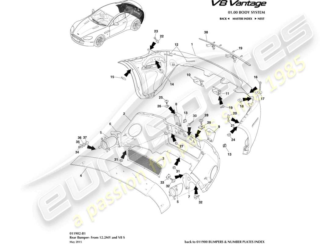 aston martin v8 vantage (2006) paraurti posteriore, 12.25my acceso e v85 diagramma delle parti