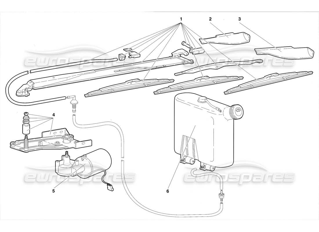 lamborghini diablo se30 (1995) diagramma delle parti del tergicristallo e dei lavafari (valido per la versione rh d. - gennaio 1995).