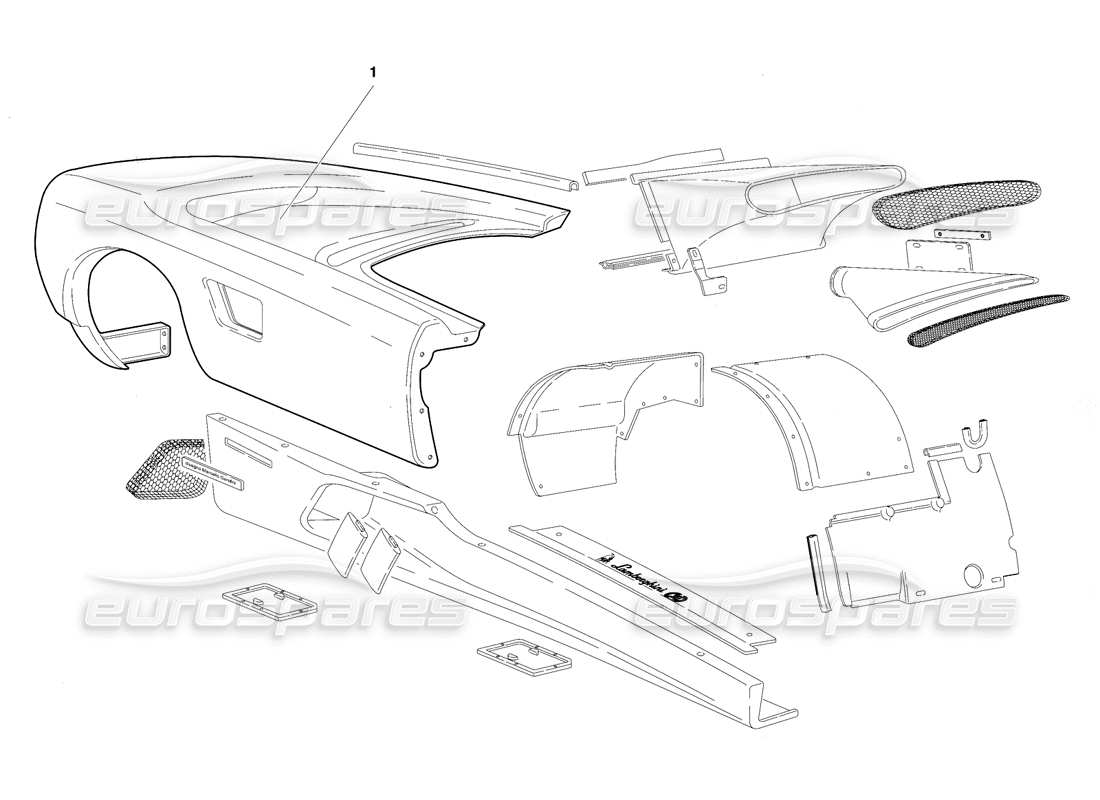 lamborghini diablo se30 (1995) diagramma delle parti degli elementi del corpo: fianco destro (valido per gli stati uniti - gennaio 1995).