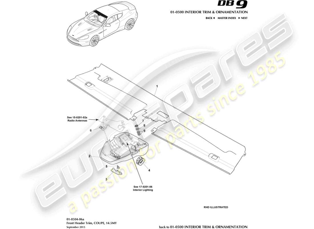 aston martin db9 (2014) rifinitura della testata anteriore, coupé, diagramma delle parti 14.5my