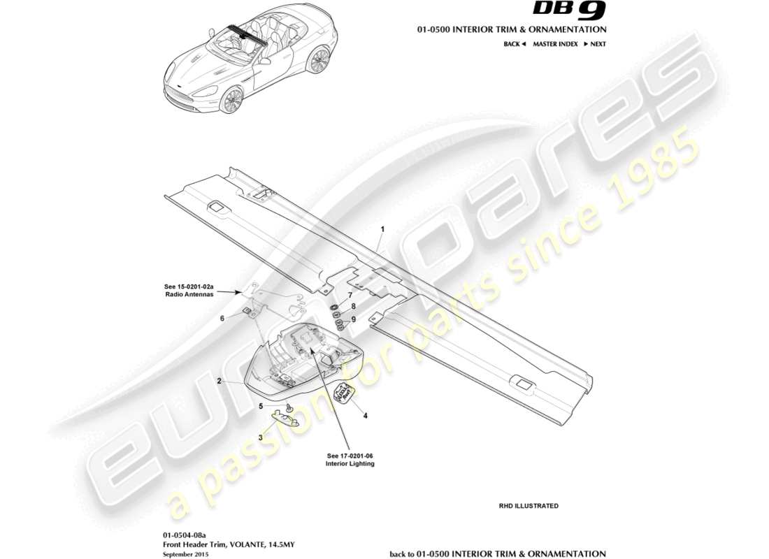 aston martin db9 (2014) rifinitura dell'intestazione anteriore, volante, diagramma delle parti 14.5my