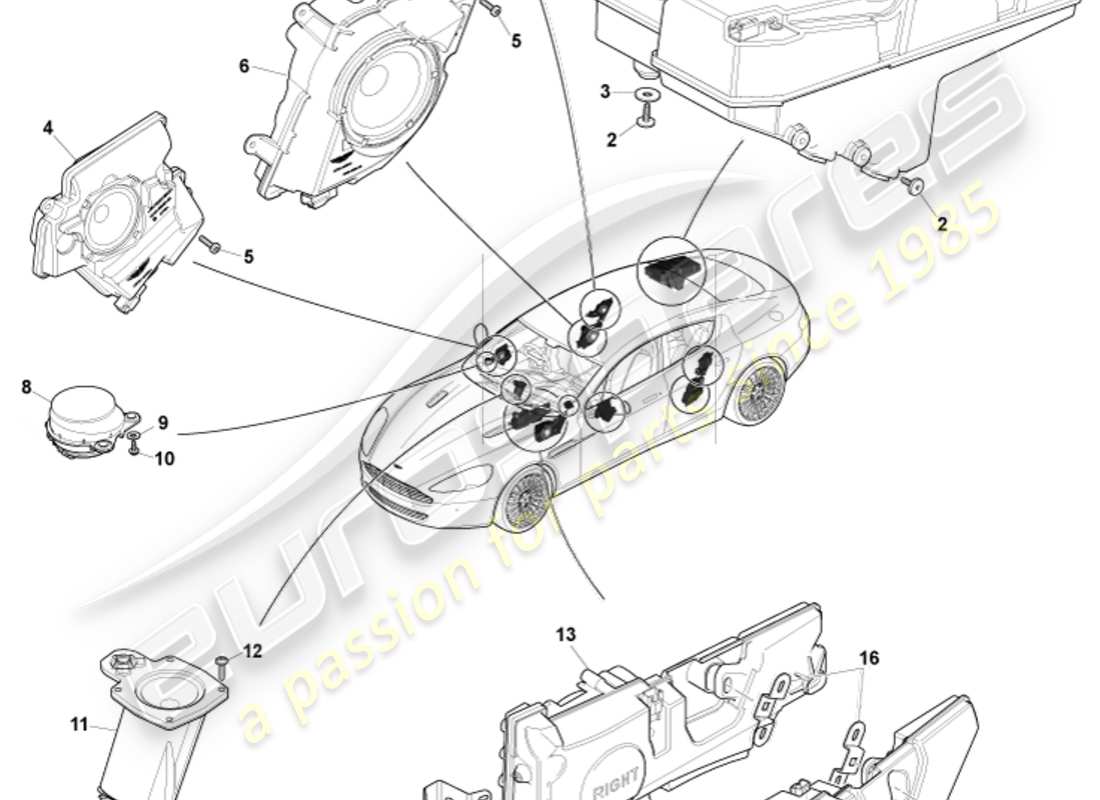 aston martin rapide (2012) altoparlanti, diagramma delle parti b&o