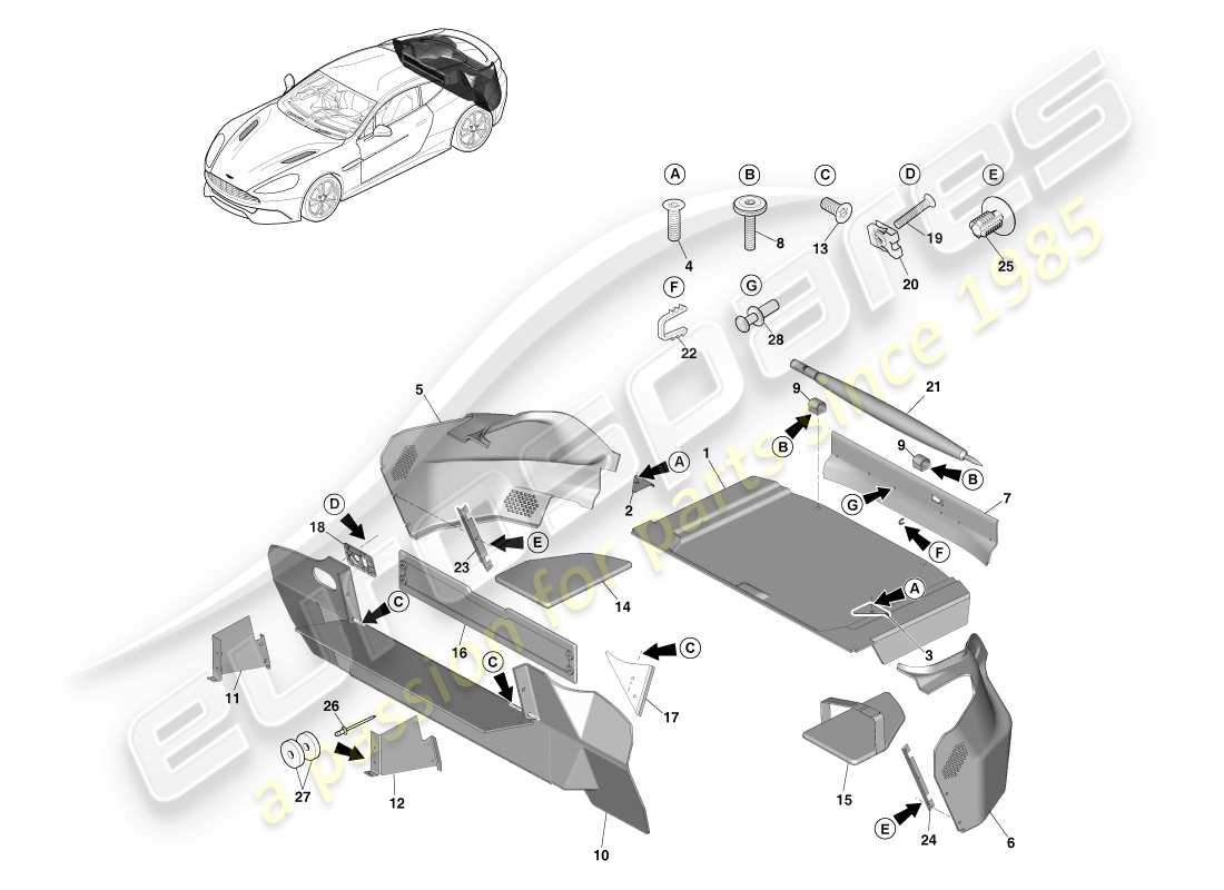 aston martin vanquish (2014) rivestimento del vano di carico, coupé 14.5my diagramma delle parti