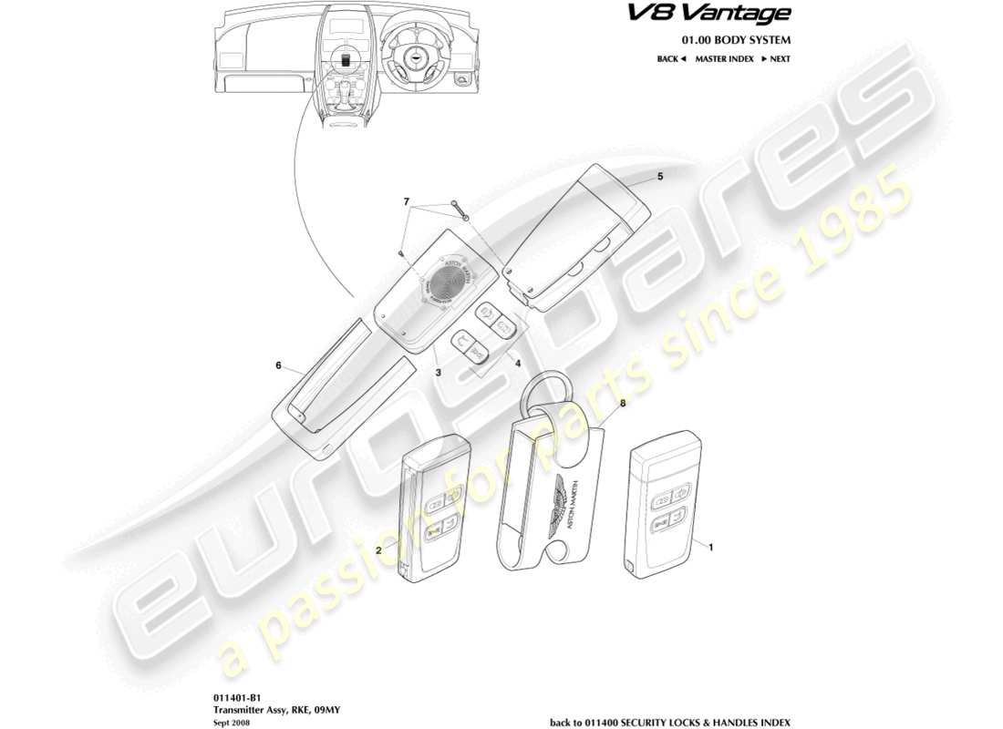 aston martin v8 vantage (2018) trasmettitore, rke, diagramma delle parti 09my