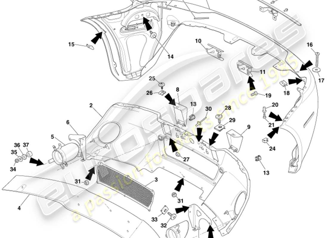 aston martin v8 vantage (2011) paraurti posteriore, 12.25my acceso e v8s diagramma delle parti