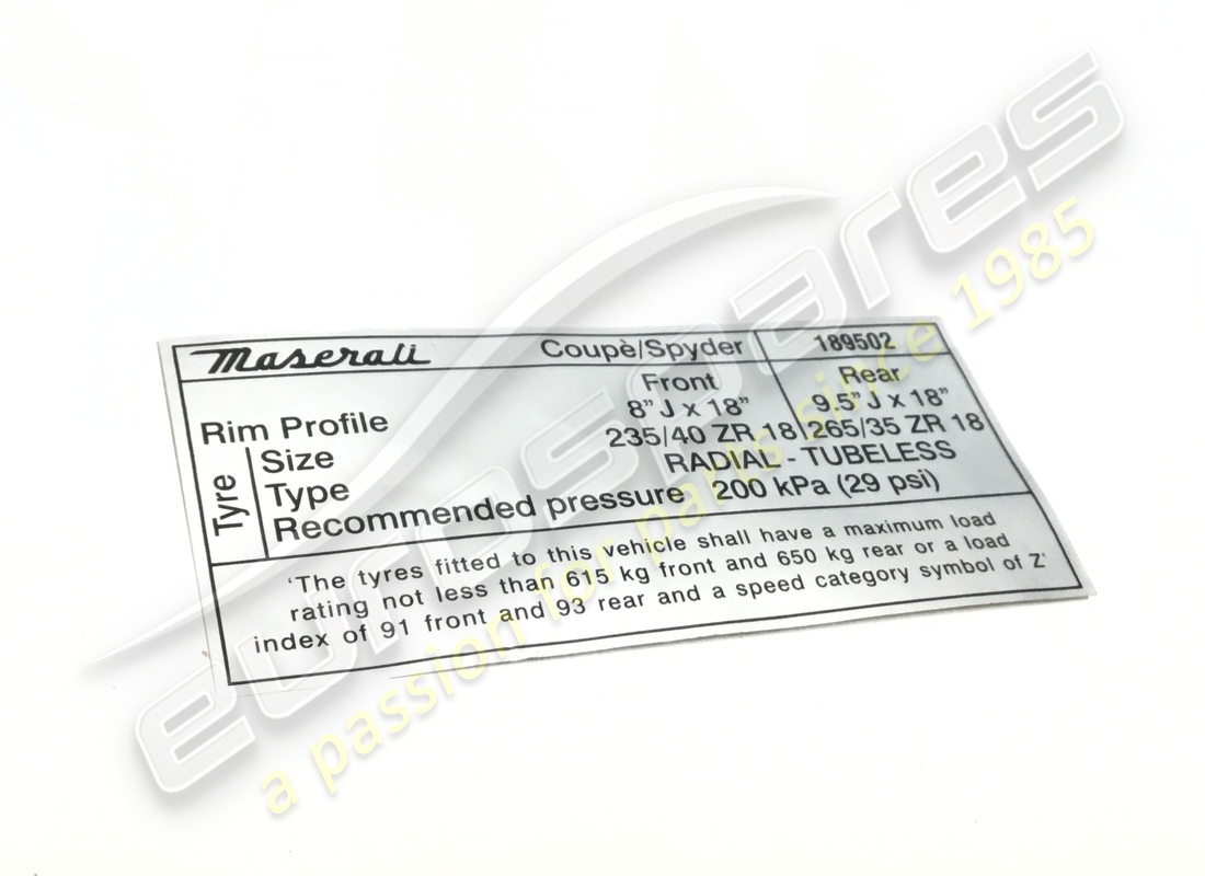 nuova targa di certificazione pneumatici maserati. numero parte 189502 (1)