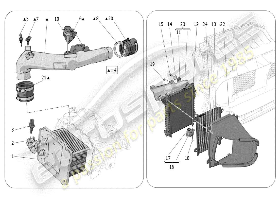 maserati grecale modena (2023) schema delle parti del sistema intercooler