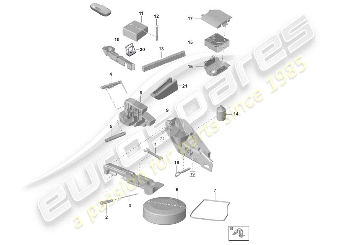 porsche 2023 (992-1 gt3/rs/st) triangolo di emergenza per cric, borsa di pronto soccorso, kit di riparazione con compressore, diagramma delle parti