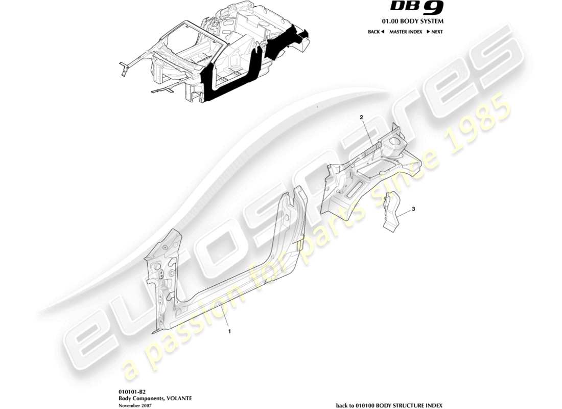 aston martin db9 (2007) componenti del corpo, diagramma delle parti volante