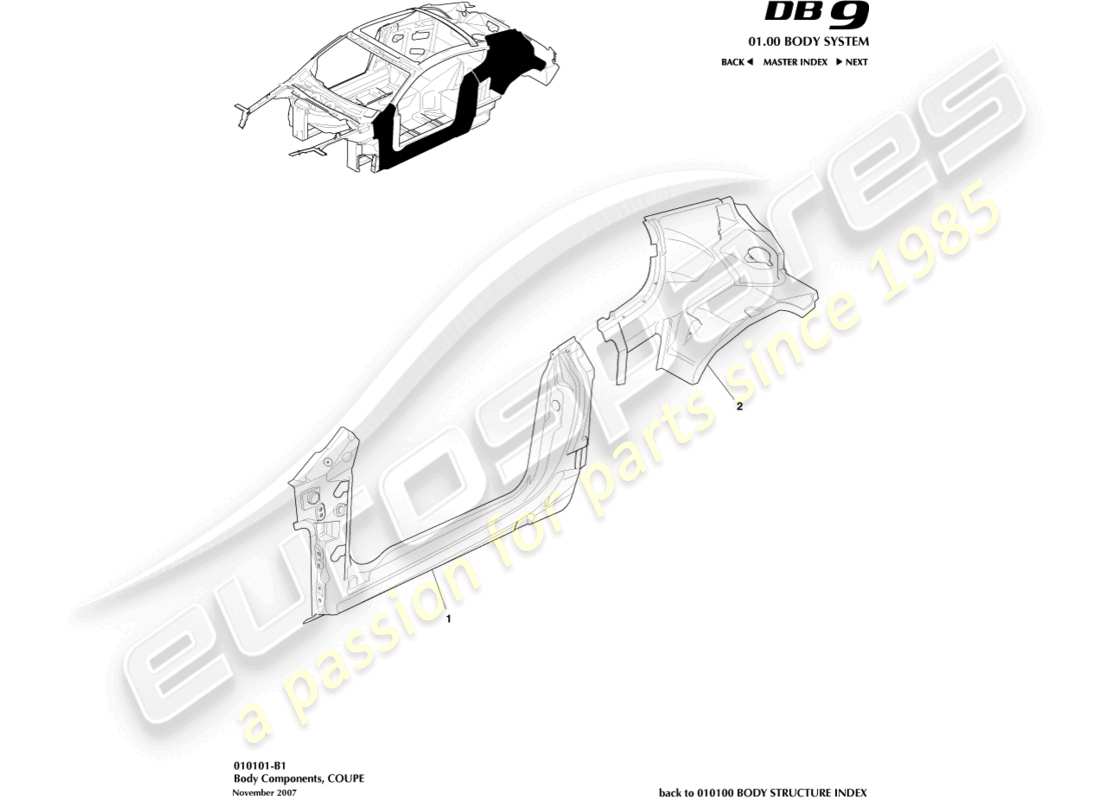 aston martin db9 (2007) componenti del corpo, diagramma delle parti del coupé