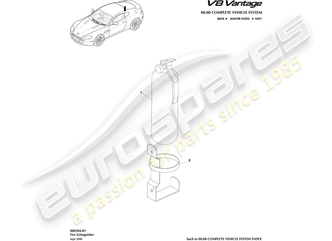 aston martin v8 vantage (2006) diagramma delle parti dell'estintore