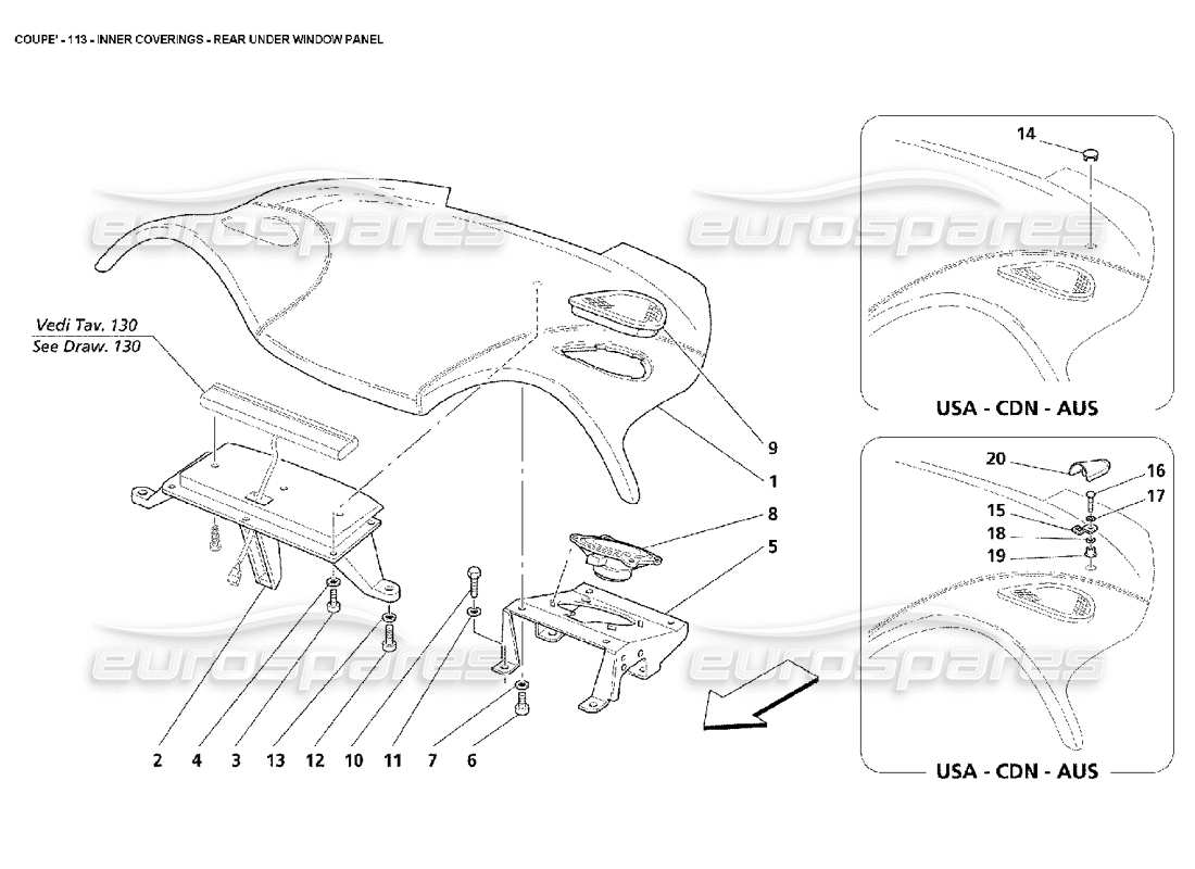 maserati 4200 coupe (2002) rivestimenti interni - schema delle parti del pannello sotto il finestrino posteriore