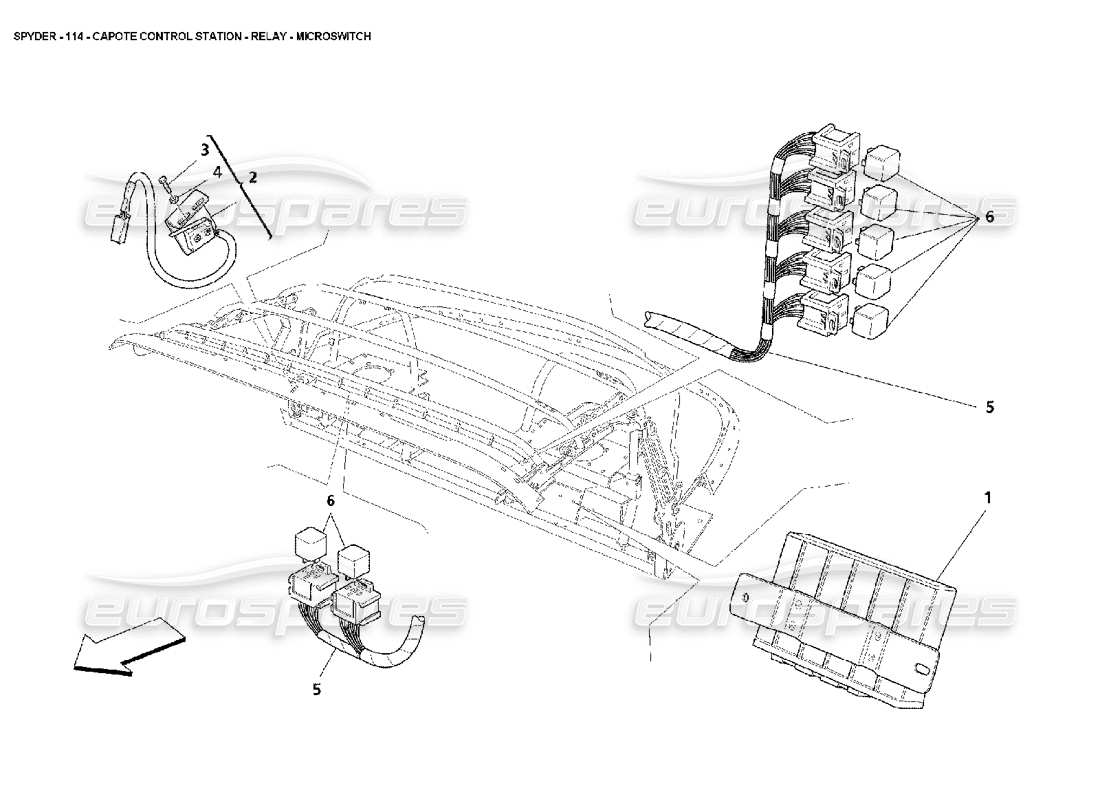 maserati 4200 spyder (2002) schema delle parti della stazione di controllo capote - relè - microinterruttore